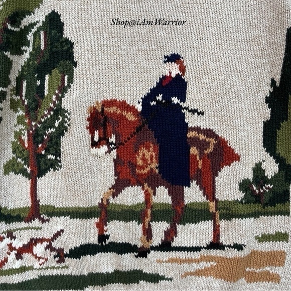 RARE vintage intarsia equestrian hunter with dog motif crewneck crewneck sweater - Picture 3 of 11